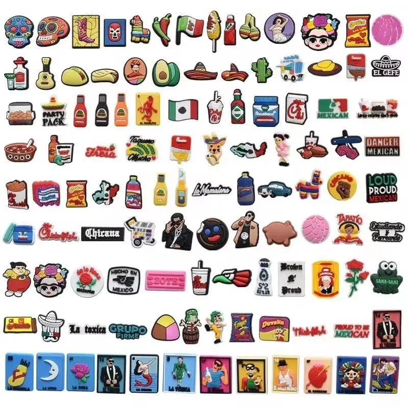 

Hot Selling 100PC Cartoon Non Repeating Mexican PVC Charm Shoe Accessories DIY Detachable Wristband Buckle Shoe Buckle