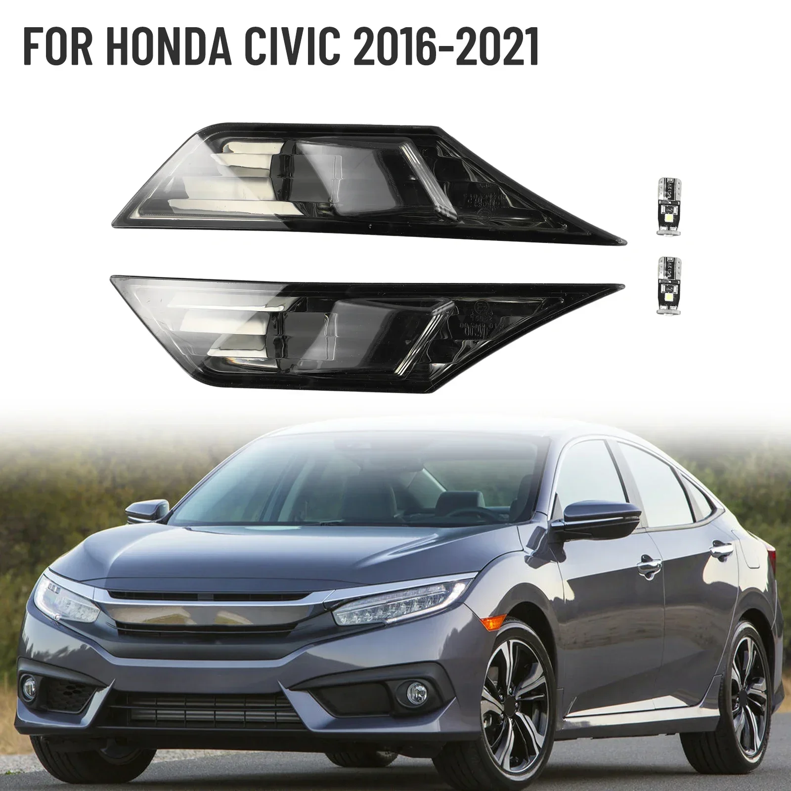 

1 пара для Honda Civic 2016-2021, черный боковой габаритный фонарь, указатель поворота со светодиодными лампами P68, водонепроницаемые белые автомобильные фонари