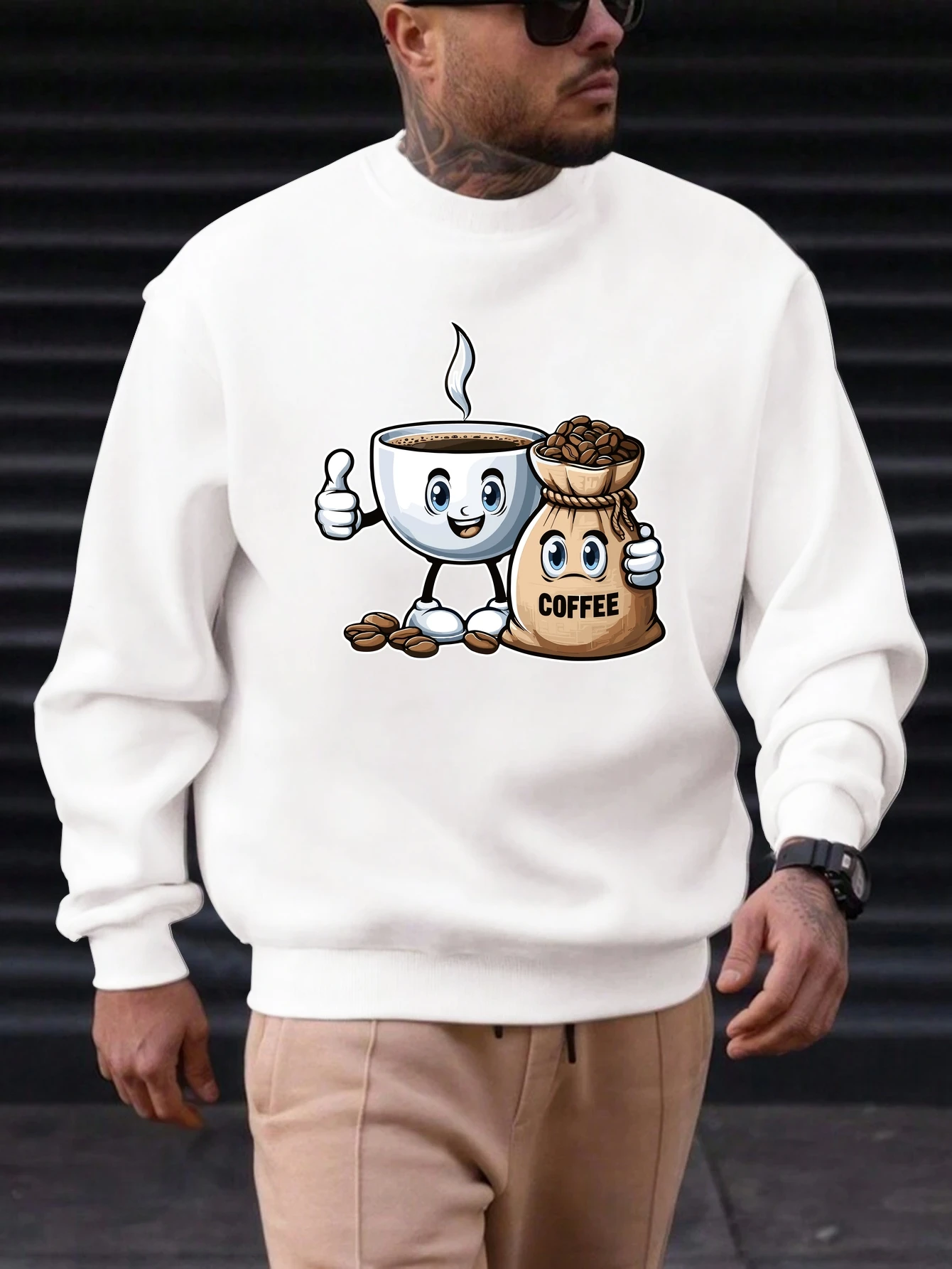 

2025 New Sweatshirt For Men's Coffee Bean Pattern Printing Cotton Round Neck Fashion Casual High Quality Daily Top Clothing