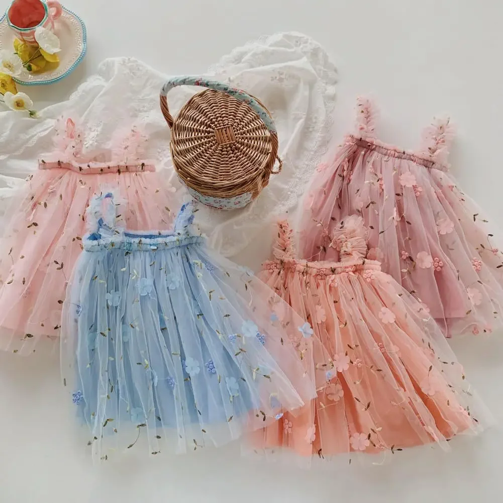 New Summer Kids Girl Dress Sling Sweet Beauty Children's Mesh Embroidered Small Flowers Baby Girls Beach Princess Fluffy Skirt