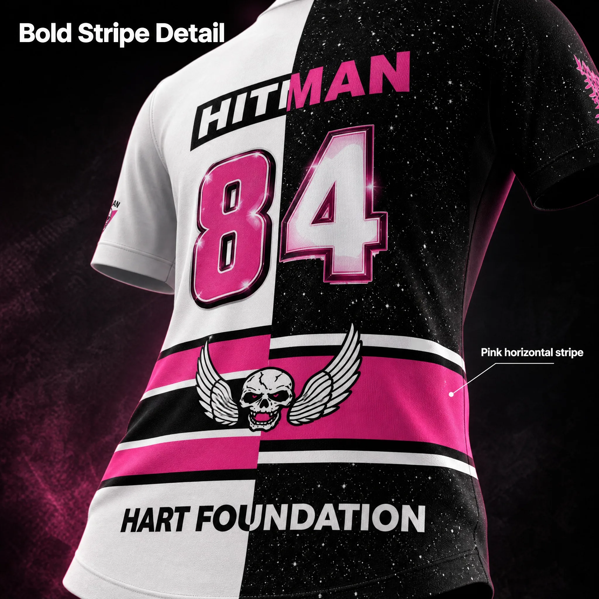 Herren-Bret-Hitman-Hart-Ringer-T-Shirt, schwarz-weiß, mit aufgesetztem rosa Herz, schlangenförmigem Totenkopf und Flügeln, 84, vorne und hinten bedrucktes T-Shirt. – Detail 4