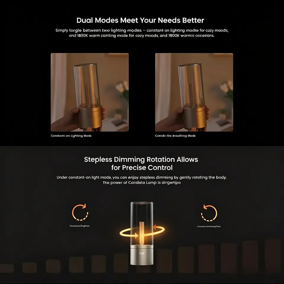 إضاءة شمعة Yeelight القابلة لإعادة الشحن، إضاءة محيطة LED، إضاءة ليلية دافئة 1800K، خافتة دوارة بلا درجات، شحن Type C - 4