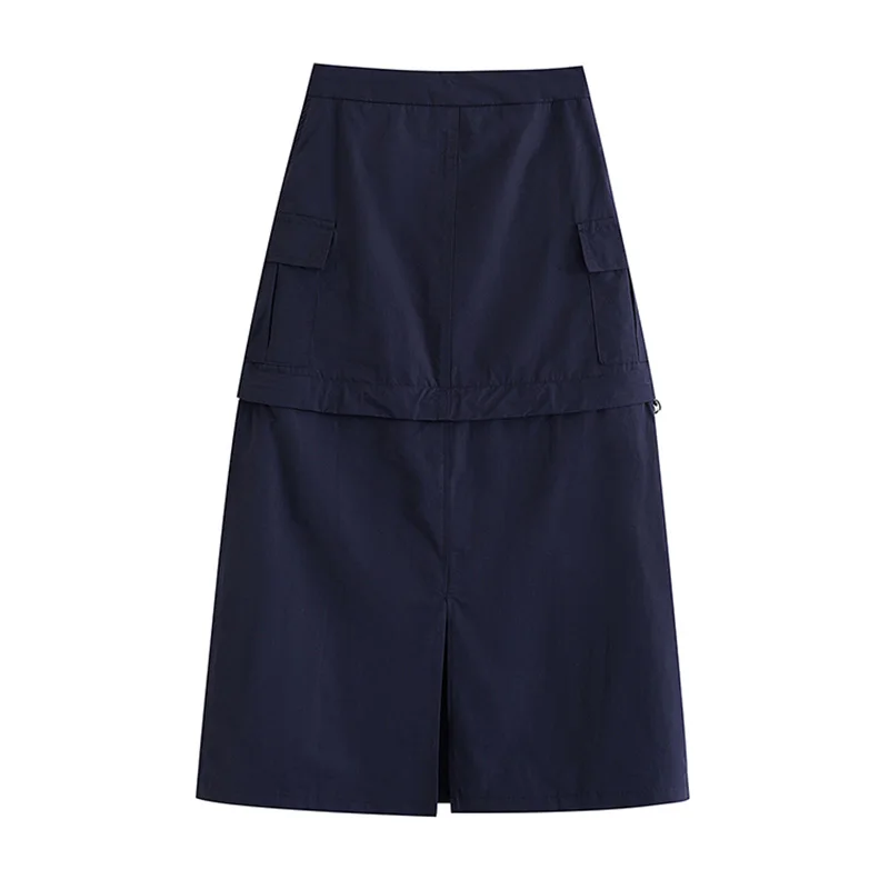 Letnia modna spódnica damska z niewidocznym zamkiem błyskawicznym, łączona, o średnim stanie, długa, prosta, w kształcie litery A, w jednolitym kolorze.