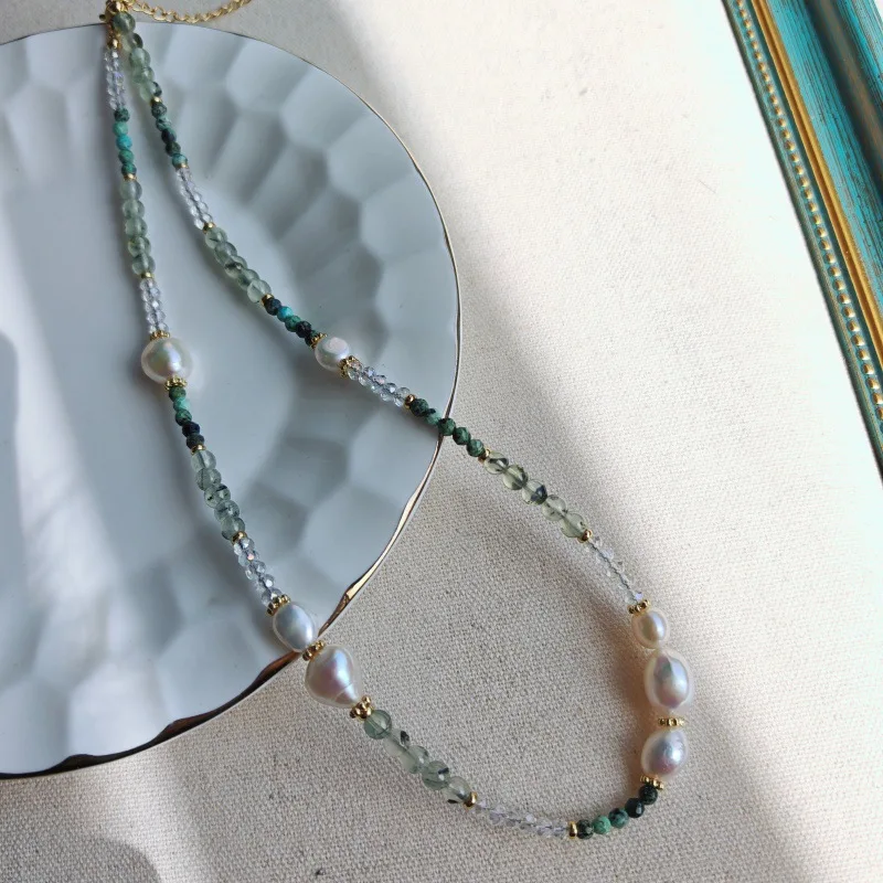 Natural White Pearl Turquoise Stone Prehnite Stone Mix Beads Splicing Necklace Niche Art Jewelry Set Simple Bracelet Earrings