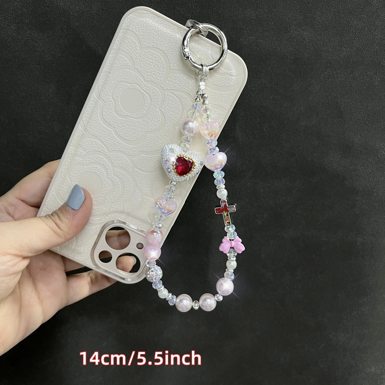 Luxury pearl red heart with cross phone chain, phone accessories, phone case decoration, wristband, phone charm  gift for her