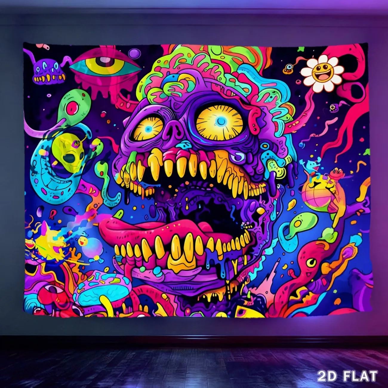 VIKAMA Neon Psychedelic Monster Tapestry Trippy Skull Wall Hanging Fluorescent Grotesque Art Decor for Bedroom Living Room