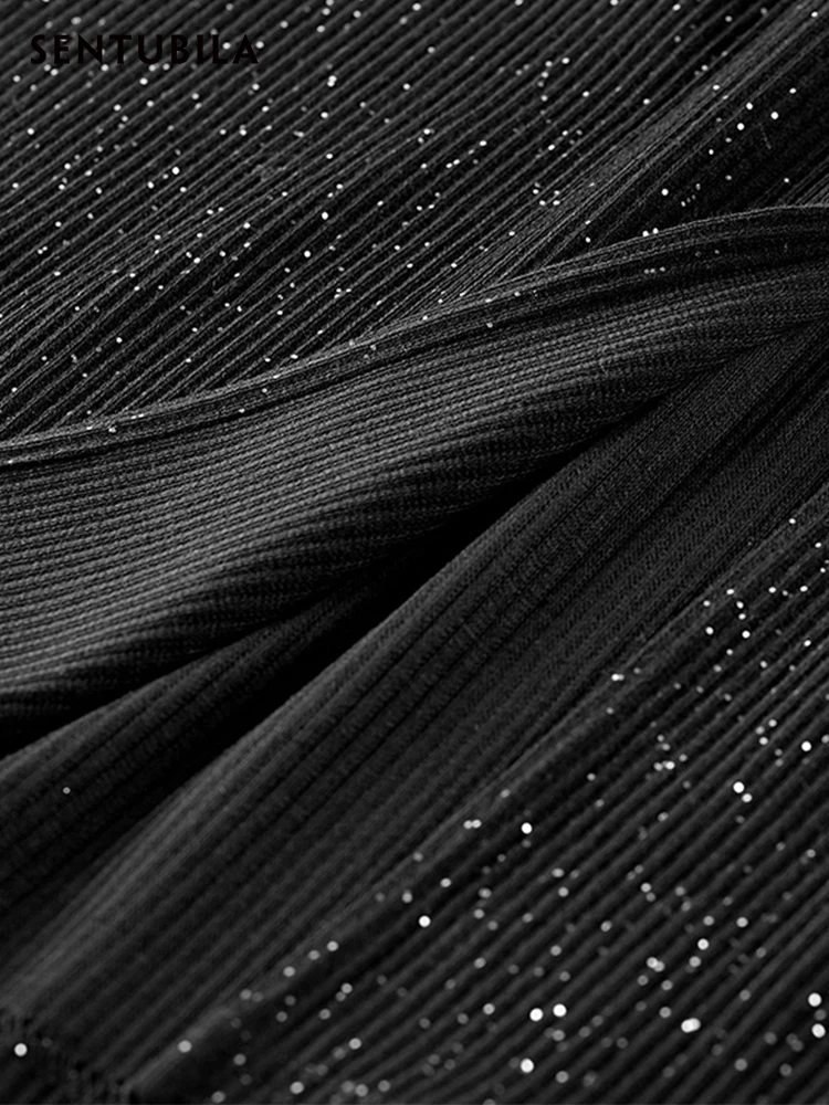 SENTUBILA Abito aderente con paillettes nero per donna 2025 Autunno elegante signora sexy abito da compleanno lavorato a maglia diviso di lusso 143L56650X