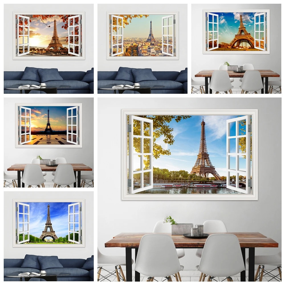 Sunset Tower Window View Wall Sticker For Living Room Kitchen Decor Modern Vinyl Decal Landscape Wallpaper Picture
