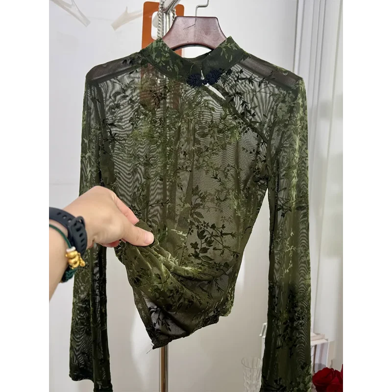 Mesh Base Flocking Slim Fit T-shirt Spring Autumn 2025 New See-through Sexy Chic Printed Plate Button Long-sleeved Top