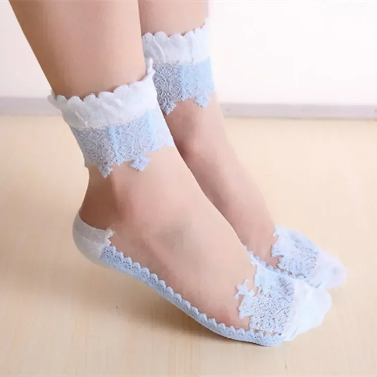 Women Lace Ruffle Ankle Sock Soft Comfy Sheer Silk Cotton Elastic Breathable Socks Mesh Transparent Knit Female Socks