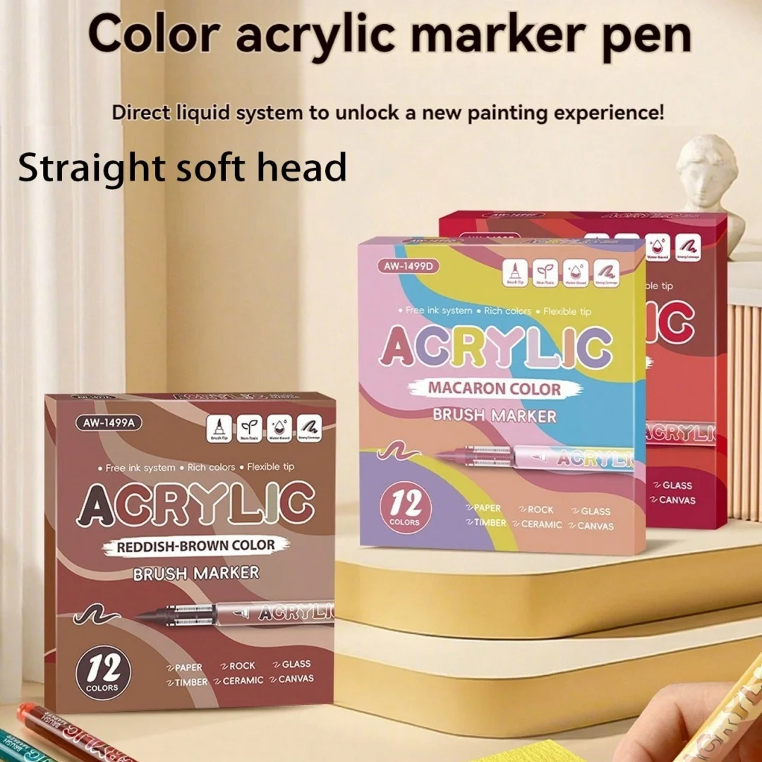 12pcs Acrylic Brush Marker Set Quick Drying Fade Resistant for Painting Illustration Crafts Coloring DIY Art Supplies A3261