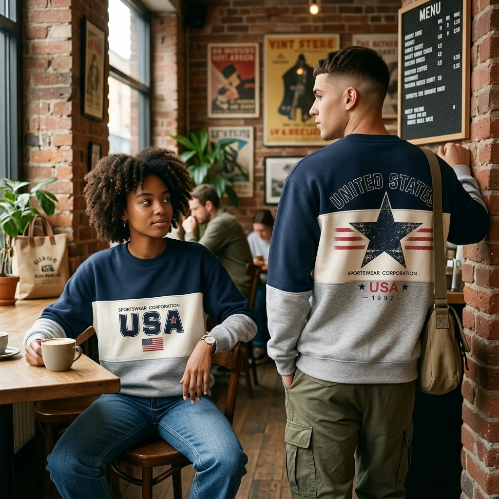 Vintage USA Star Letter Print Parent-Child Long Sleeve Crewneck Sweatshirt Casual Independence Day 4th of July Tops Streetwear