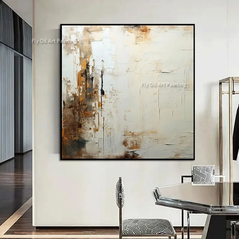 Grey Gold Horizon Wall Art, Luxury Gold Leaf Strip Abstract Canvas, Handmade Square Painting for Living Room Decoration