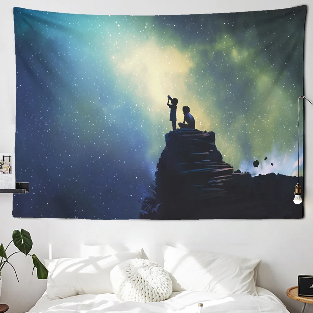 Cartoon Galaxy Tapestry Wall Hanging Father and Son Landscape Hippie Hillside Tapiz Starry Sky Home Cartoon Decor Wall Carpet