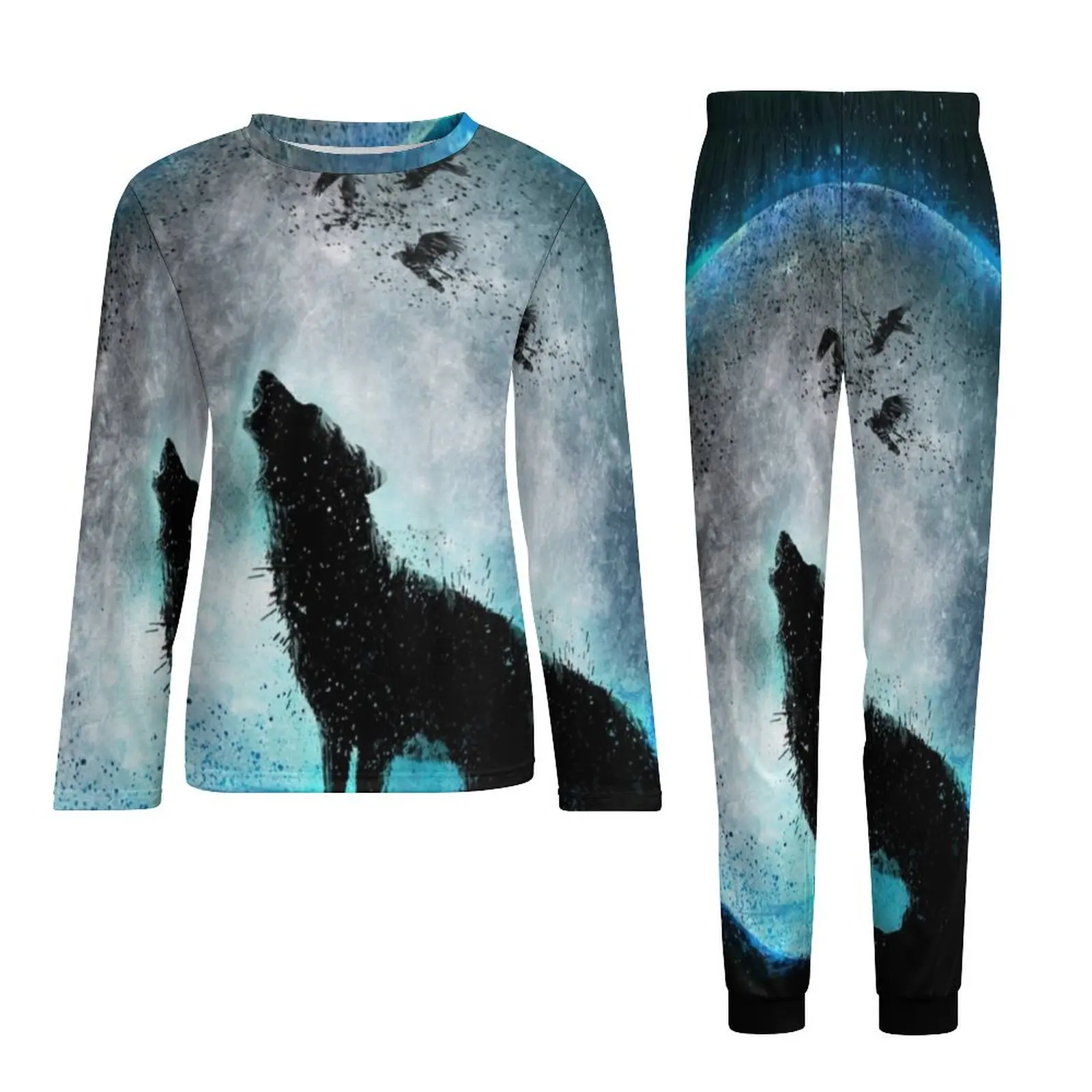 Pijamas Funky Wolf de manga larga, conjunto de pijamas para el hogar de dos piezas de Midnight Howl, ropa de dormir suave de talla grande con diseño masculino de otoño