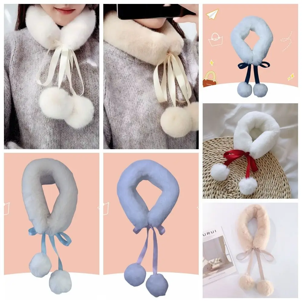 Cute Bow Fake Fur Scarf Collar Scarves Hairball Pendant Women Solid Color Plush Scarf Winter Warm Hanfu Fur Collar Accessories