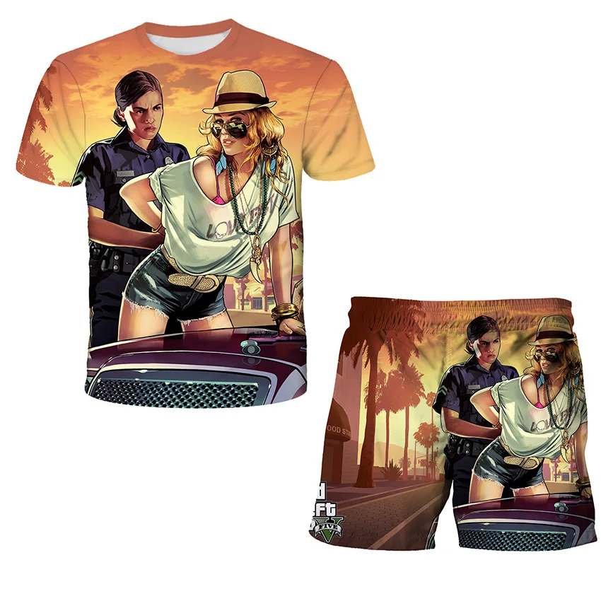 Anime Grand Theft Auto Gta 3d Print Tshirts Set Children Tshirt Short Pants 2pcs Suit 4-14 Years Kids Fashion Short Sleeve Sets