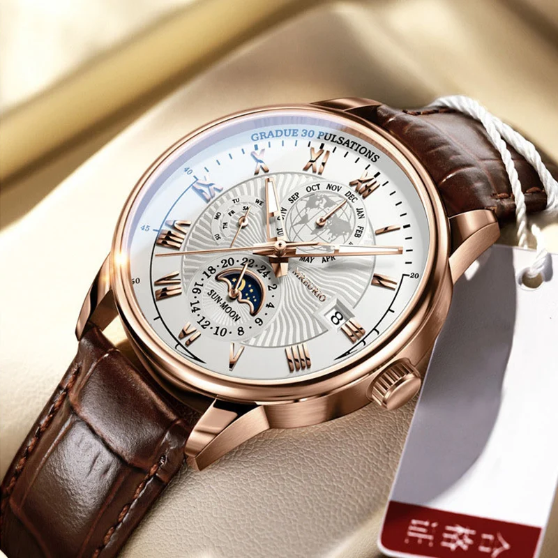 ساعة رجالية بتصميم الأعمال الأنيقة بحزام جلدي فاخر كوارتز ساعة بسيطة دائرية بمينا روماني ومقياس الوقت