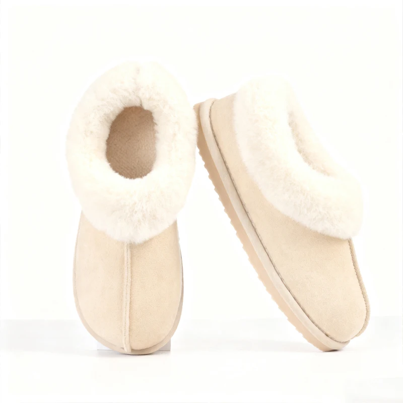 Pantuflas Kidmi de invierno para mujer con cuello de piel, de gamuza, cálidas, antideslizantes, para interior y exterior.