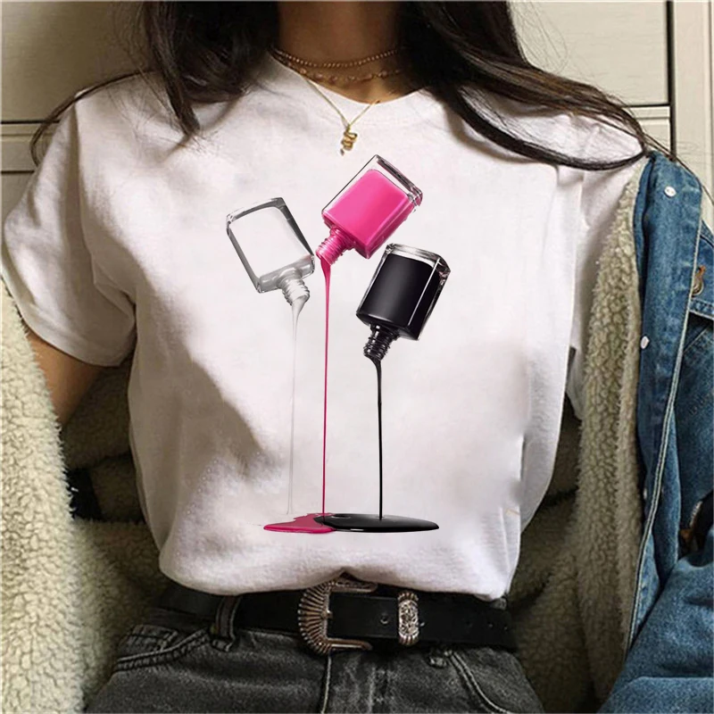 2024 Nail Polish Printed Women Makeup Tshirt Funny Ulzzang Graphic Hip Hop Female Clothing T-Shirt Graphic Casual White T Shirt