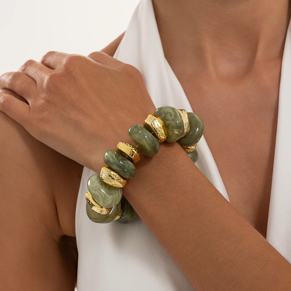 Ingemark Retro Buntes Dickes Harz-Acryl-Perlenarmband für Damen, Übertriebenes Mehrschichtiges Stapelbares Elastisches Armband, Party-Schmuck – Detail 5