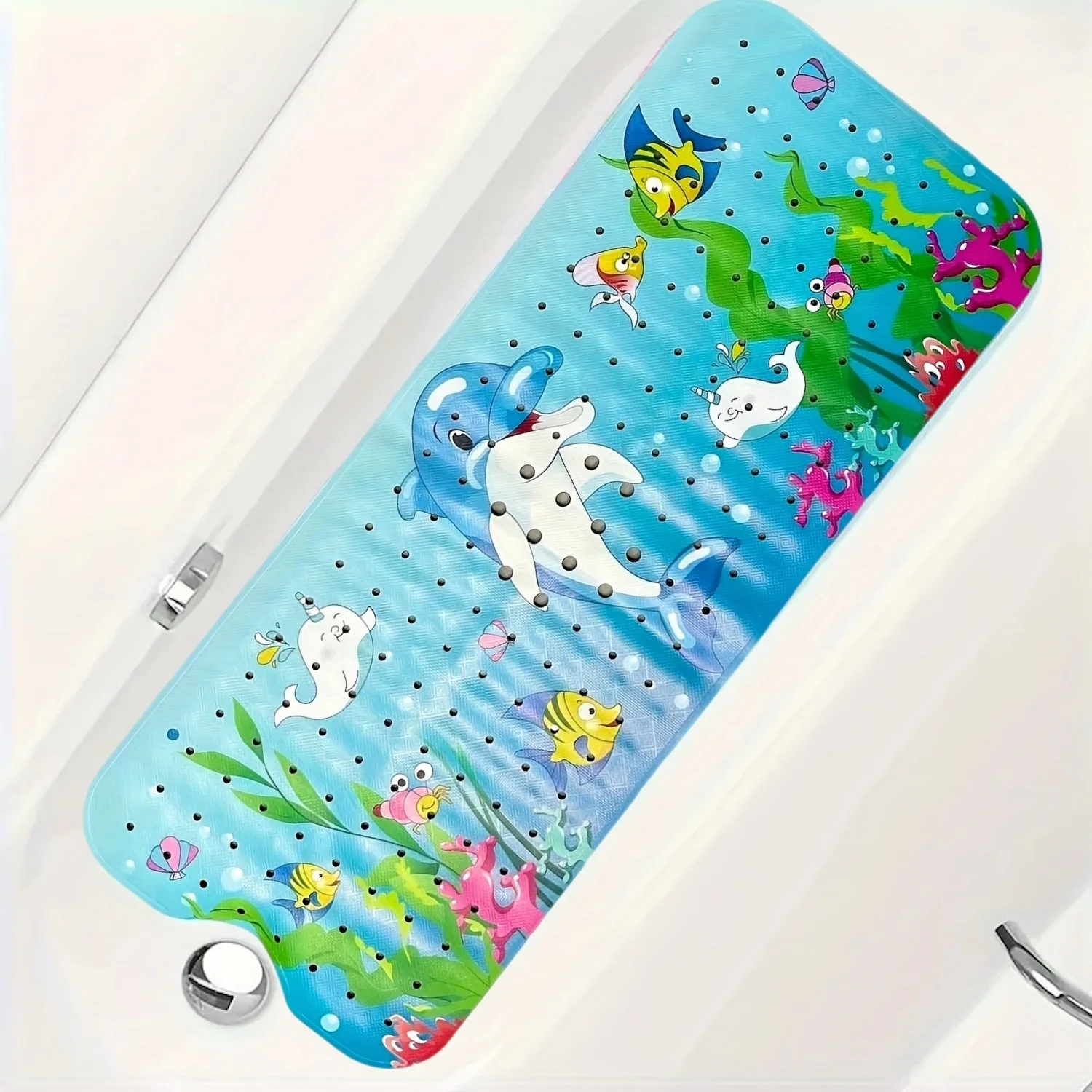 Cartoon extra-long bathtub mat with suction cups and drain holes for non-slip safety.