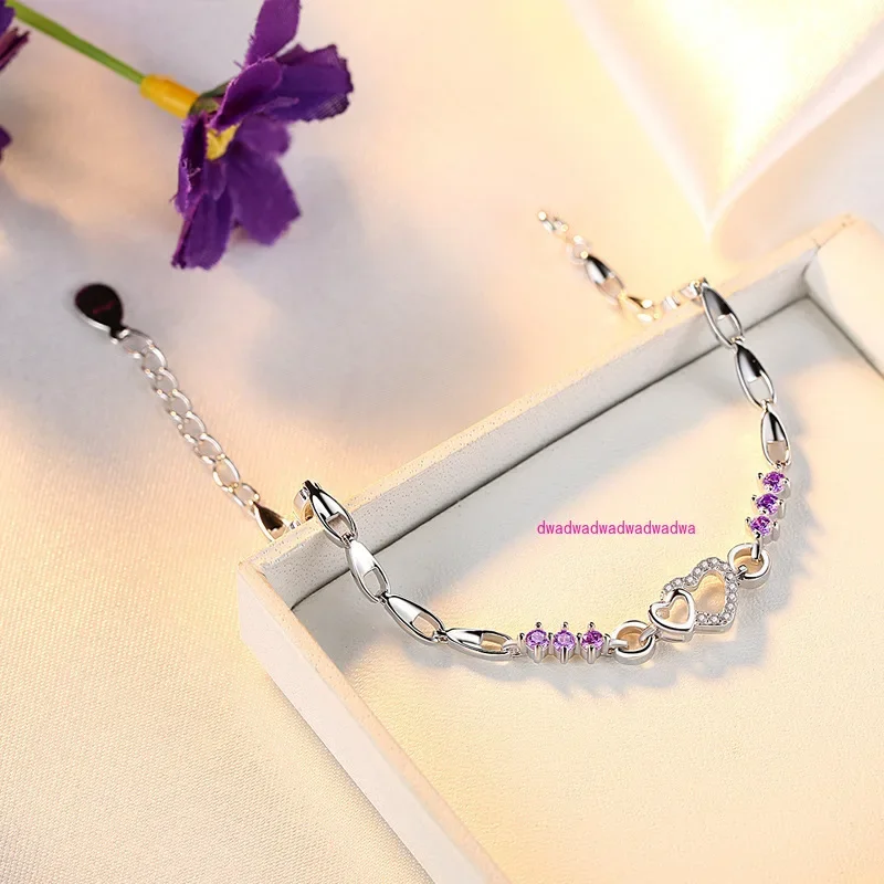 Amethyst 925 silver plated bracelet creative love shape diamond set jewelry women's zircon jewelry