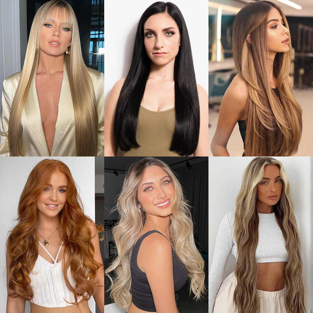 Extensiones de Cabello sintético sin Clips, pieza de cabello falso secreto oculto Natural, largo y ondulado, línea de pescado, 16, 22 y 32 pulgadas