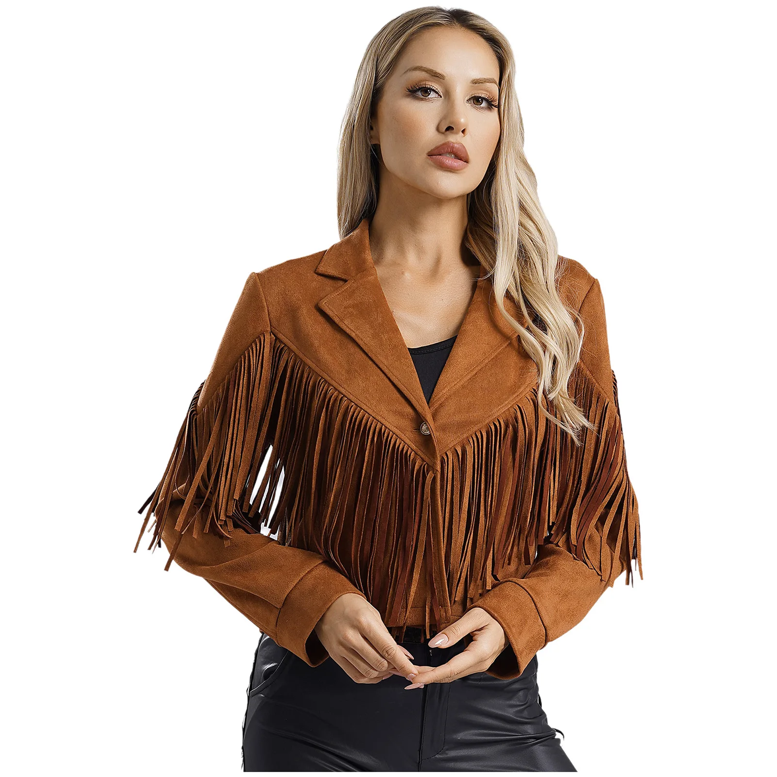 Womens Western Cowgirl Cosplay Outfits Fringe Crop Jackets Notch Lapel One-button Faux Suede Odzież wierzchnia Halloween Gothic Costume