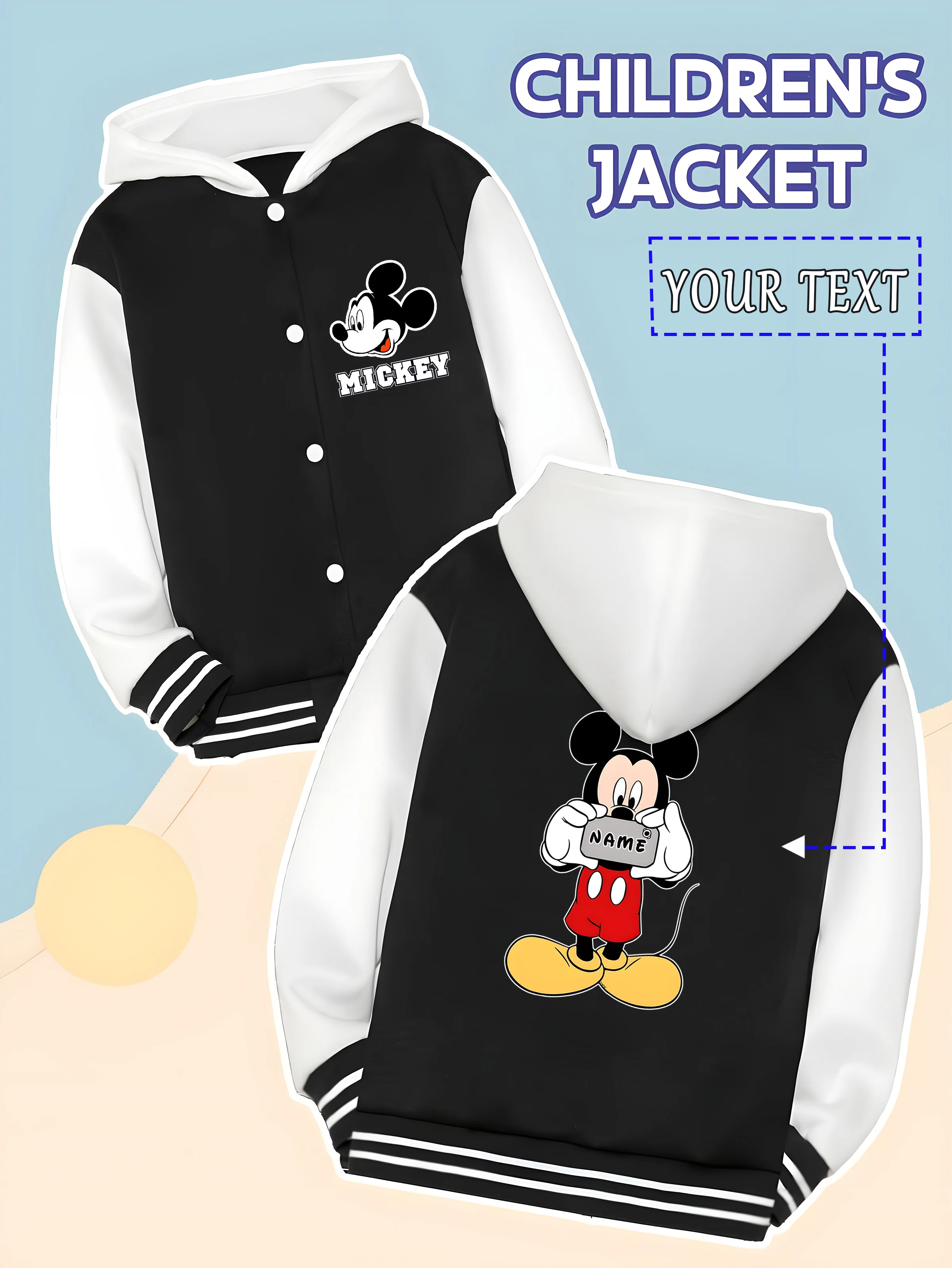 

MINISO Disney Mickey Photo-Style Boys Baseball Jacket - Mickey Mouse poses with a camera, and "NAME" is incorporated into the pl