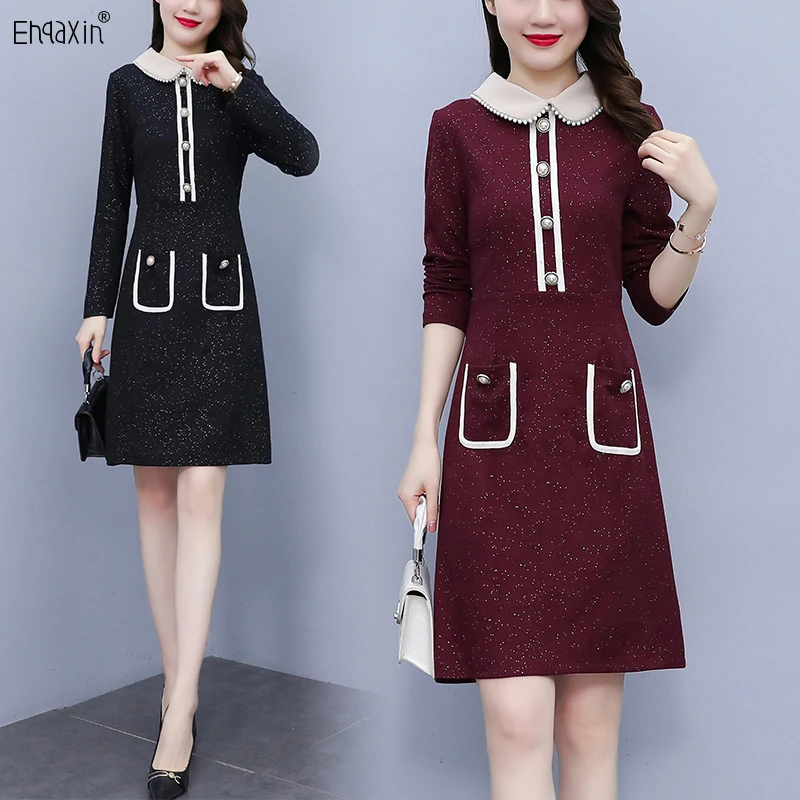 EHQAXIN Autumn Womens New Dress 2022 Fashion Beaded Stitching Doll Collar Korean Version A-Line Long Sleeve Dresses Ladies L-5XL