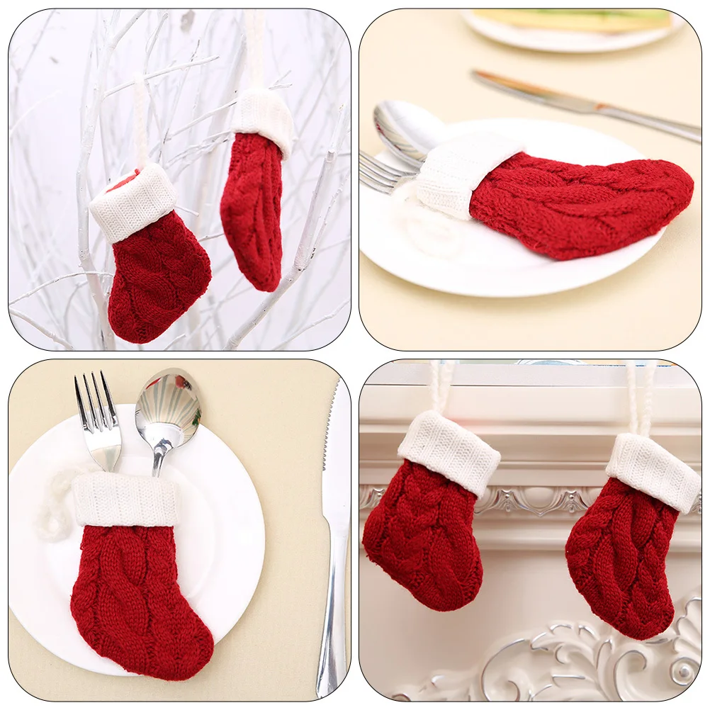 

6Pcs Xmas Knitted Stocking Cutlery Holders Red Tableware Pouches Christmas Party Home Decor Cutlery Cover Cutter Fork Cover