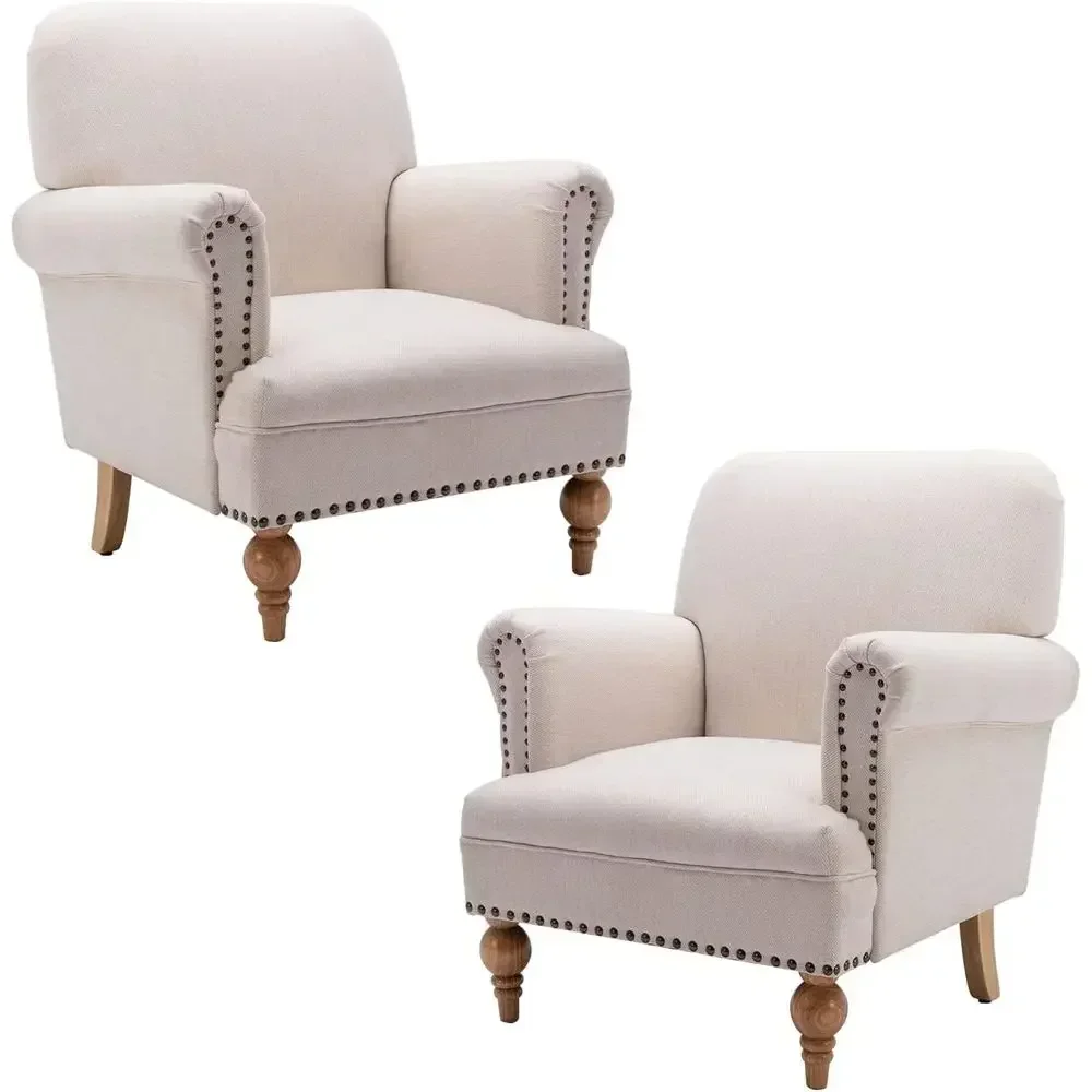 Cream Linen Upholstered Accent Chair with Solid Wood Legs - Ideal for Living Rooms, Bedrooms, Offices, Receptions, and Lounges