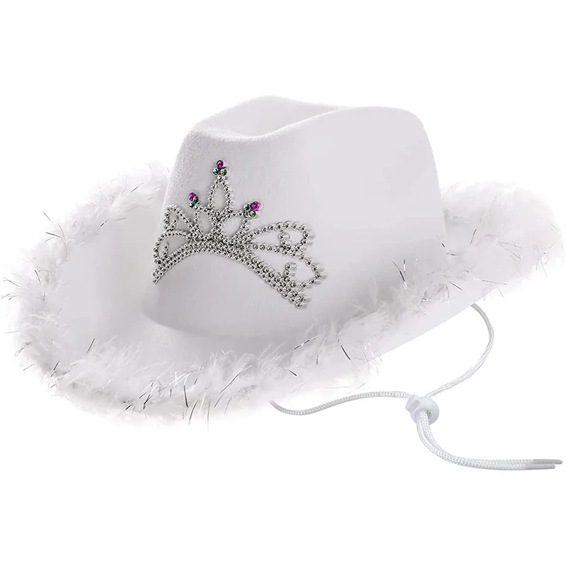 Western Style Cowboy Hat Pink Women Girls Party Cap with Light Warped Wide Brim with Feather Sequin Crown Tiara Cowgirl Hat