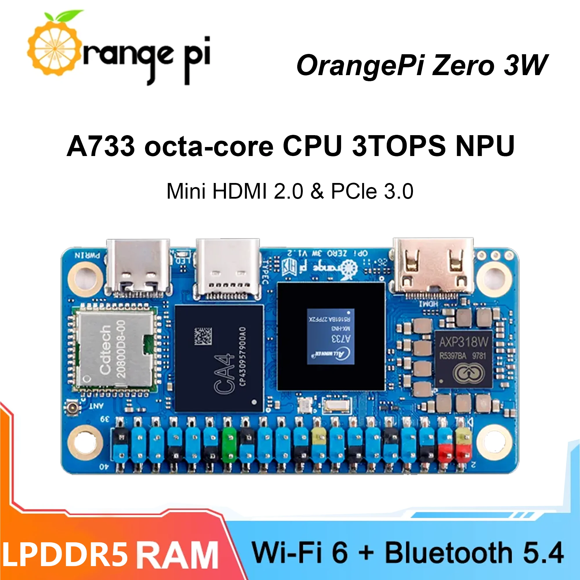

Orange Pi Zero 3W Development Board Optional Cooling Fan Allwinner A733 Soc 3Tops NPU Mini HDMI 2.0 & PCle 3.0 WIFI6/BT5.4