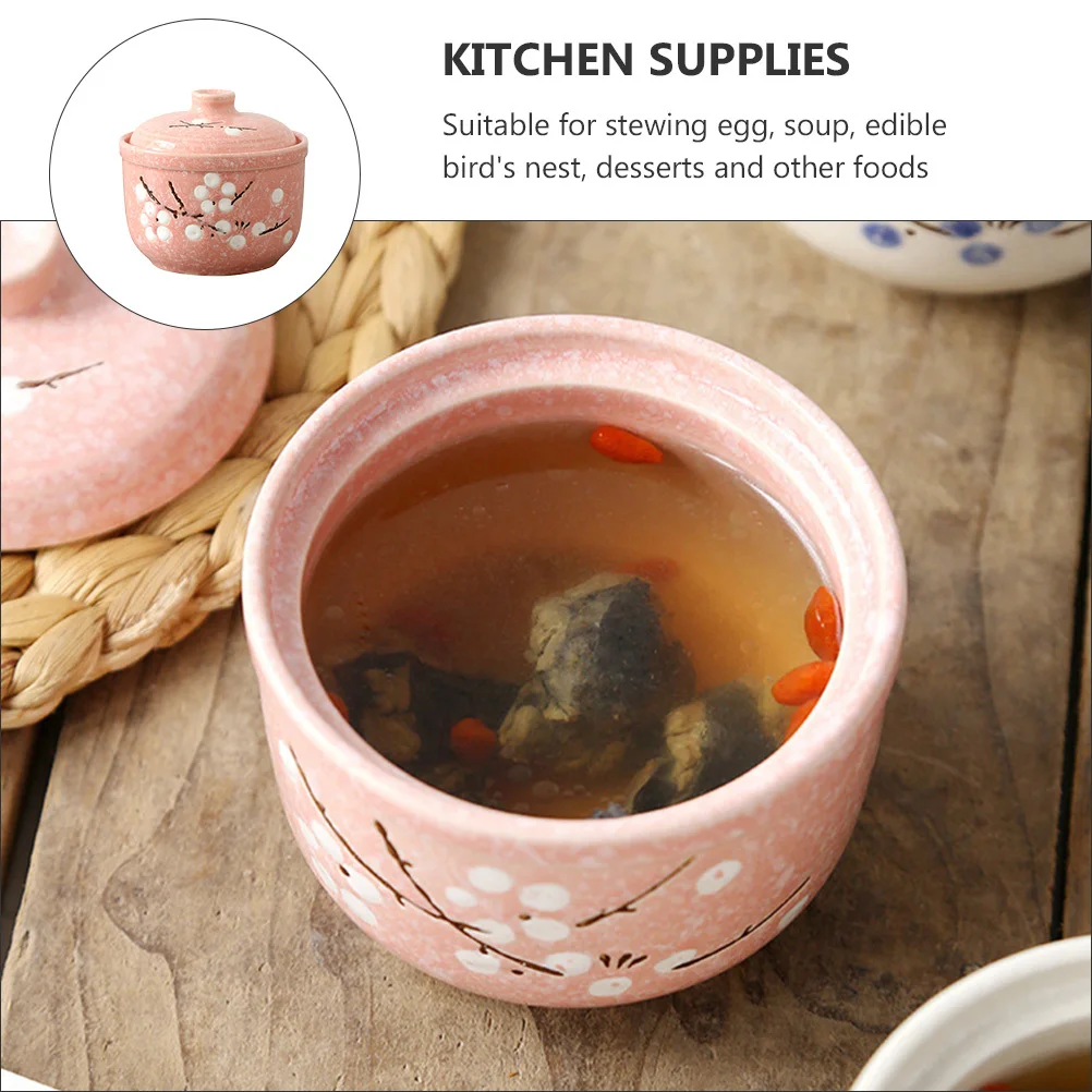 

1Pcs Ceramic Stew Bowl Pink Exquisite Pattern Lid Suitable for Stewed Egg Soup Edible Bird Nest Kitchen Supplies