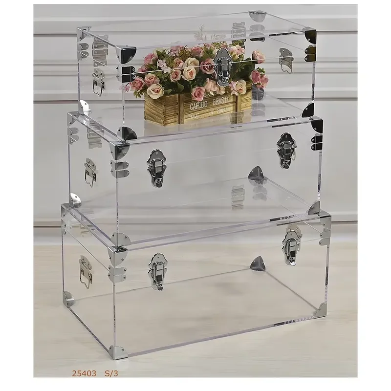 Modern Rectangular Acrylic Storage Box with Silver Metal Fittings Large Capacity Foldable Trunk for Home Organization Decor