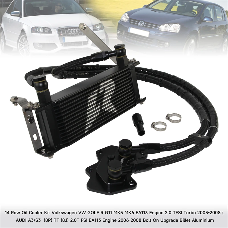 Kit de enfriador de aceite de aluminio, 14 filas, negro, para VW Golf R GTI MK5 MK6 03-08 y AUDI A3/S3 06-08
