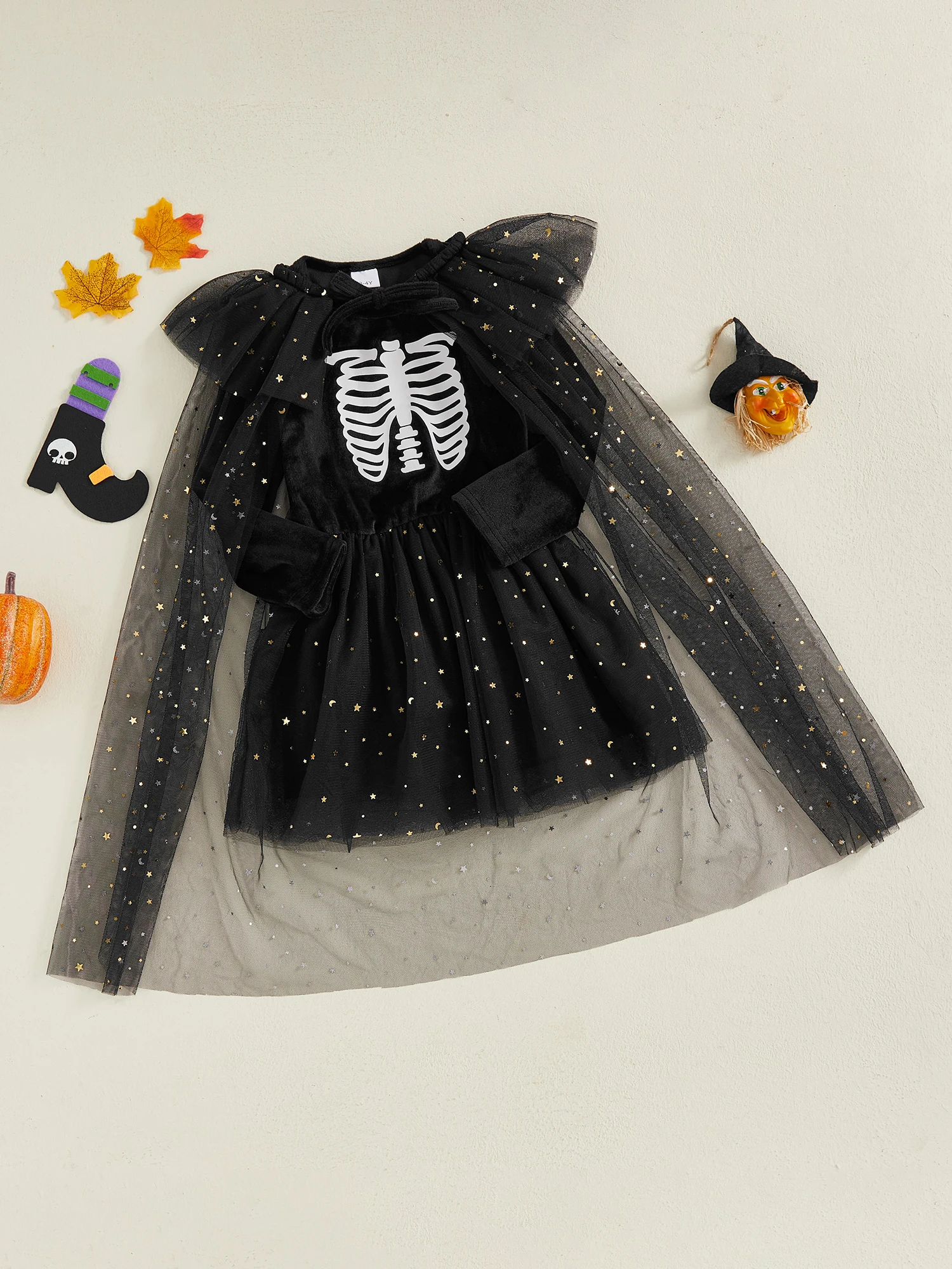 

Toddler Girl Halloween Witch Costume Dress with Hat and Cape Set for Kids Baby Cute Clothes Party Outfit Dress-up