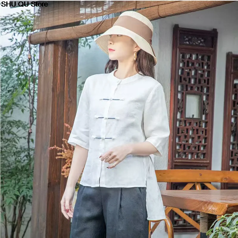 Maglietta a maniche corte ricamata in stile cinese maglietta da donna in cotone con colletto alla coreana abbigliamento da tè camicie Casual Vintage top da donna Hanfu