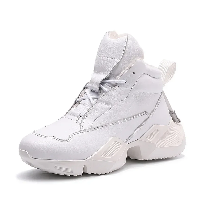 Thick Sole Cowhide Men\'s Sneakers Casual Personality Fashion Platform Leather Men\'s Shoes Black Winter Plush Warm Snow Boots