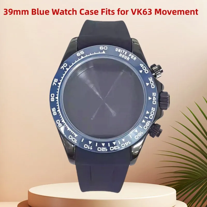 

39mm Stainless Steel Watch Case Blue Bezel Ring Sapphire Glass Rubber Strap Fits for VK63 Movement 29.5mm Dials Functional