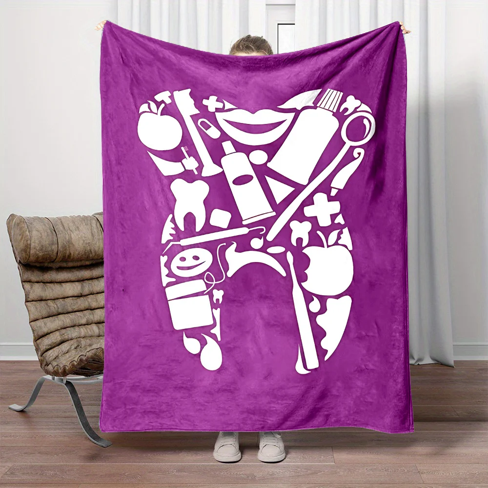 Contemporary Reversible Dental Care Themed Throw Blanket - Cartoon Tooth Design, All-Season Polyester Flannel, Lightweight Non