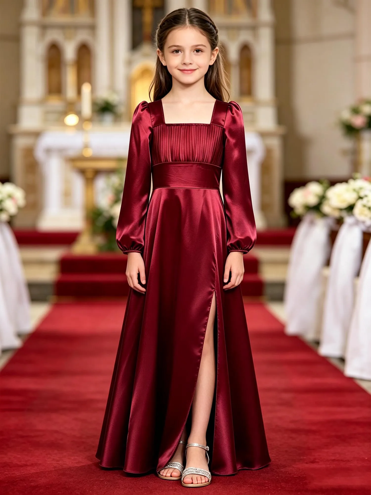 Kids Formal Dress for Girl Elegant Split Party Gown Square Collar Satin Dress for Junior Bridesmaid Wedding Birthday Banquet