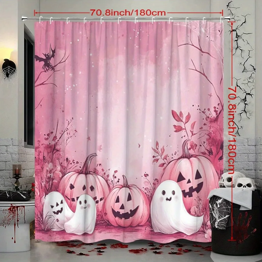 

1pc Pink Happy Halloween Shower Curtain Ghost Pumpkin Print Waterproof Polyester Bath Curtain for Halloween Bathroom Decoration
