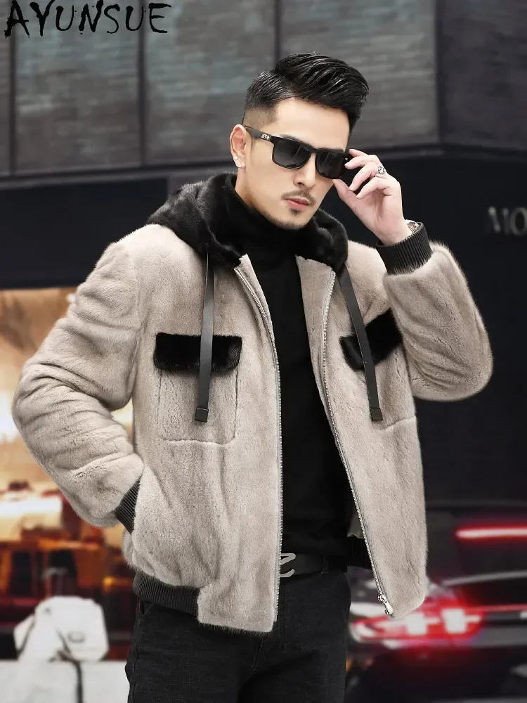 AYUNSUE Mink Real Fur Coat 2025 Hooded Short Mink Fur Coats Mens Fur Jacket Coat Winter Luxury Jackets Warm Clothes SGG877