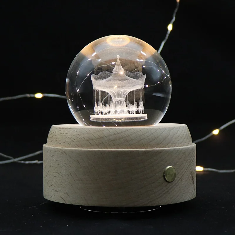 Hot Sale KC Certified Battery Operated Led Night Light Wood Base Crystal Ball with Music Box Mood Light