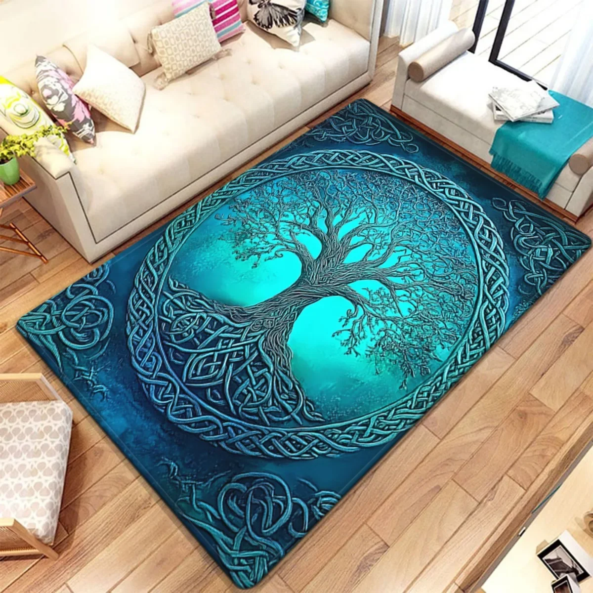 Bohemian Blue Tree of Life Mandala Celtic Knot Geometric Area Rug Round Accent Carpet for Living Room Home Decor