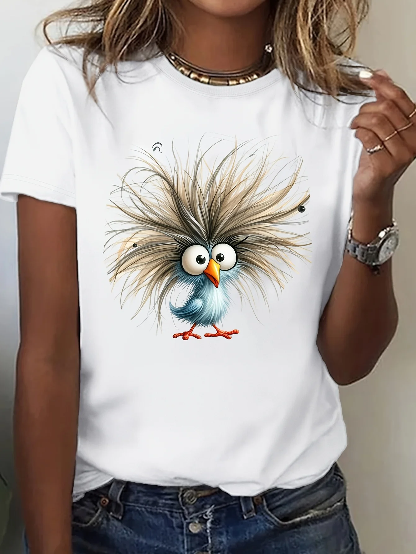Camiseta con gráfico de pájaro divertido para mujer, bonito pájaro esponjoso con ojos expresivos, camiseta informal suave para todos los días, camisa ligera y cálida para clima