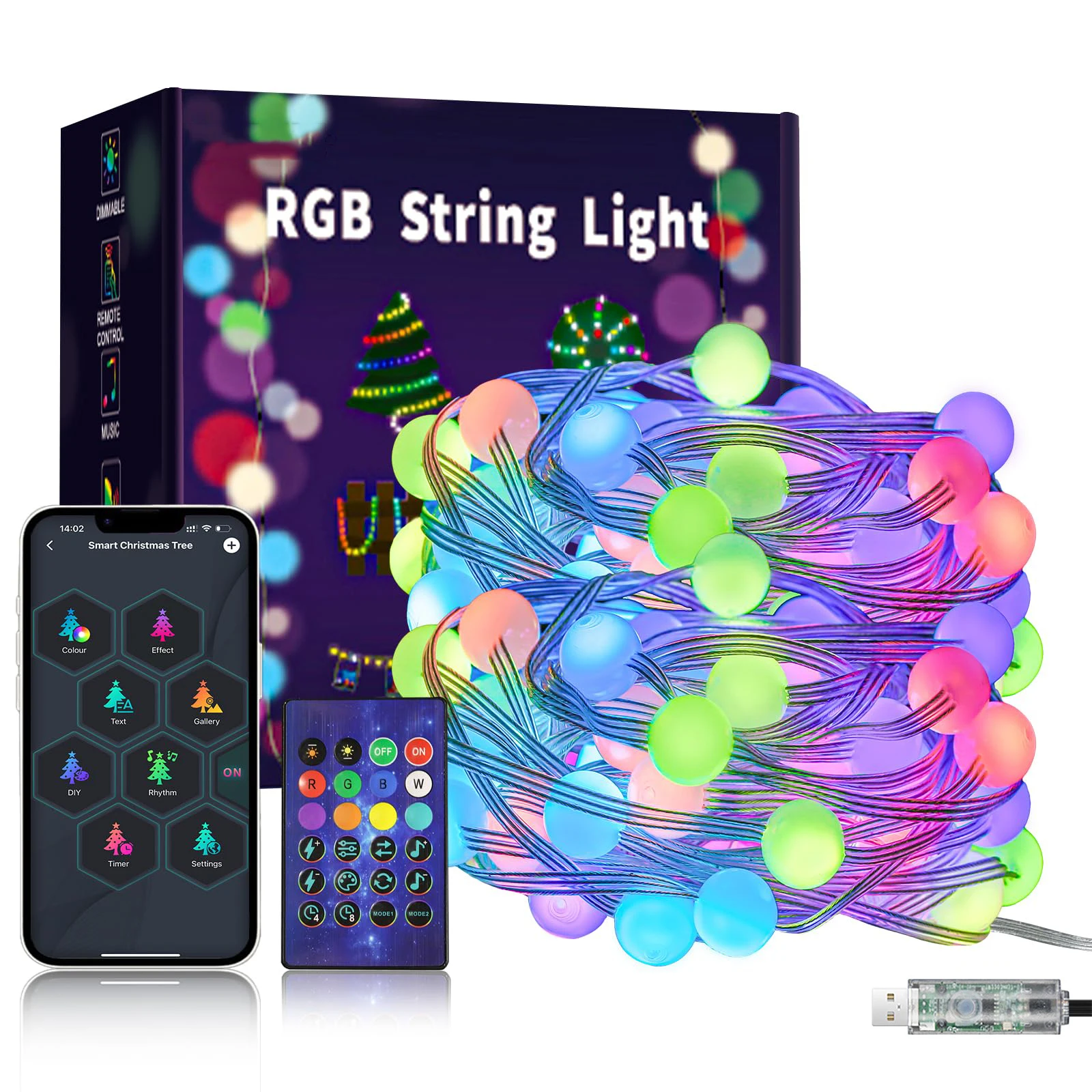 RGB LED Fairy Lights Globe String Smart Addressable USB Garlands with Bluetooth Remote Control for Outdoor Christmas Room Decor